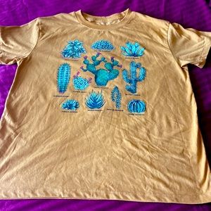 FifthSun tee. Cacti with scientific names. Mustard color. Size S. EUC